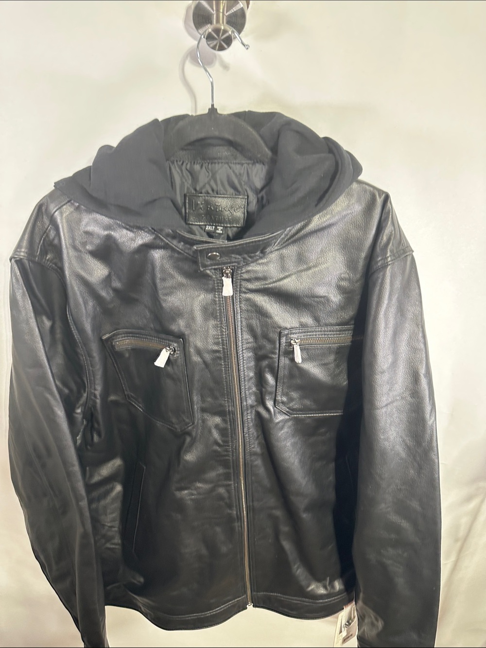 Vintage Black Leather Bomber Jacket with Hooded Insert